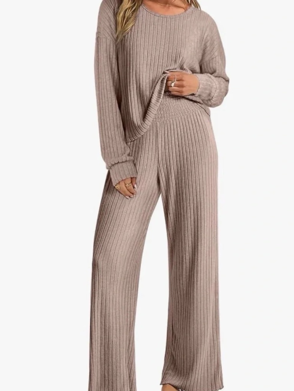 ANRABESS Ribbed Cozy Knit Loungewear Pajama Set Pink Large NWT